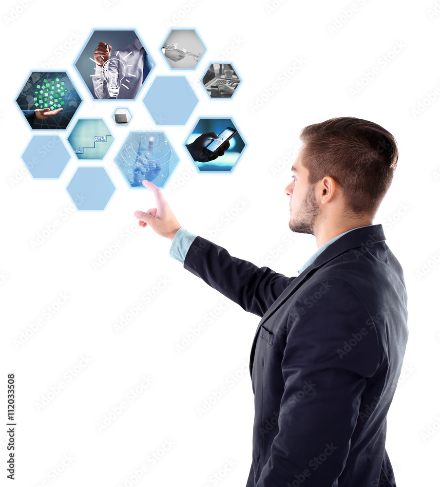 Man with preview digital business photos on virtual screen, concept of modern technology Man with preview digital business photos on virtual screen, concept of modern technology