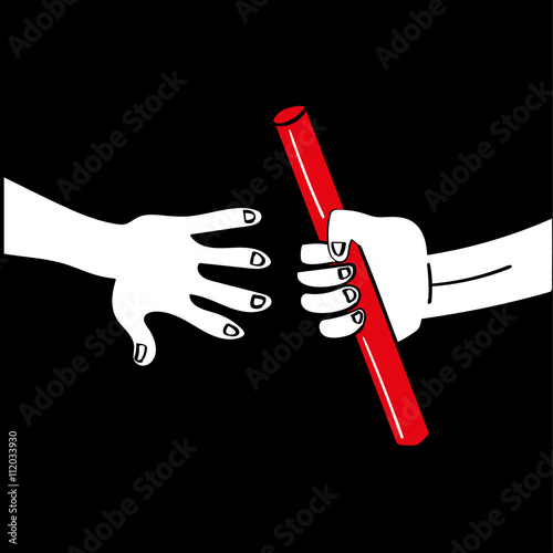 One hand passing a relay race baton to another hand reaching out to accept it as a teamwork concept
