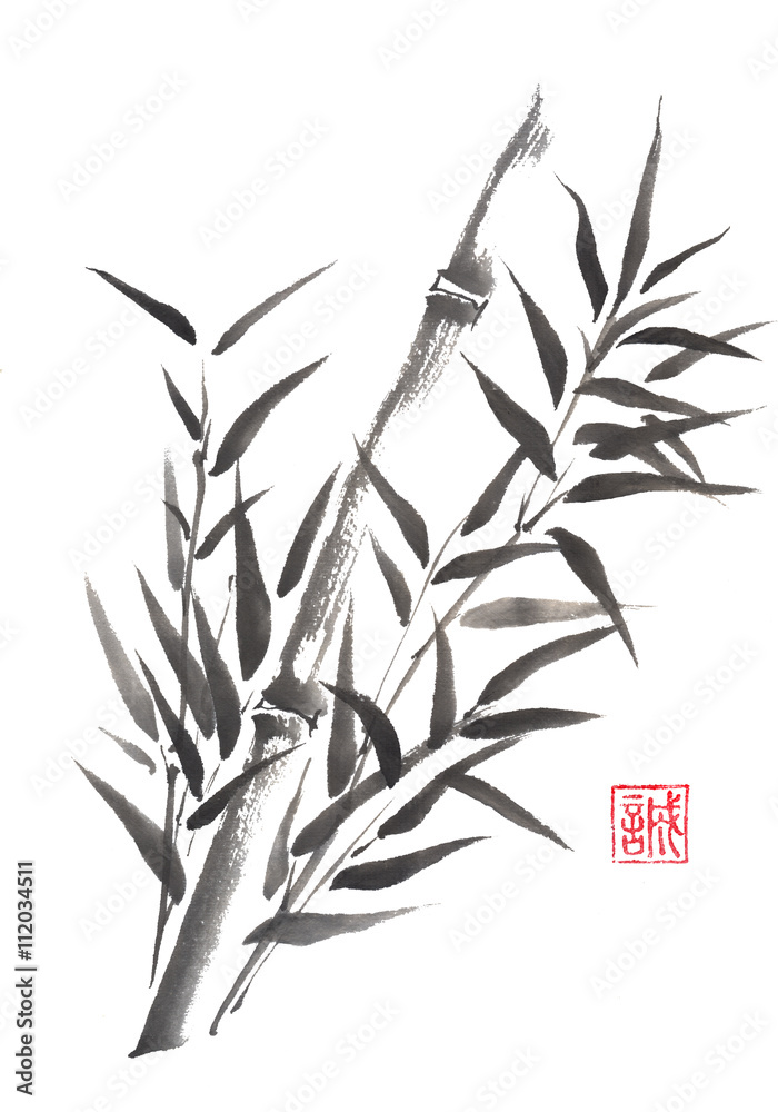 Fototapeta premium Japanese style sumi-e bamboo and moon ink painting.