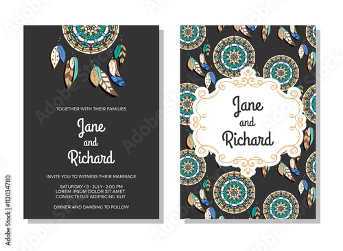 Wedding invitation, save the date cards. Colorful vector illustration of dreamcatchers with classic frame on dark background. Ethnic style wedding stationery