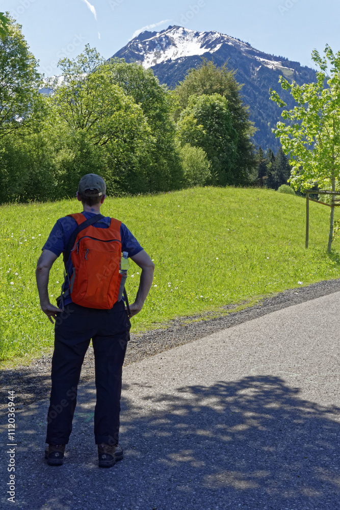 Fototapeta premium hiker girl with backpack look to the mountain