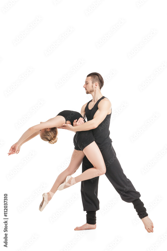 Man supporting bend of woman