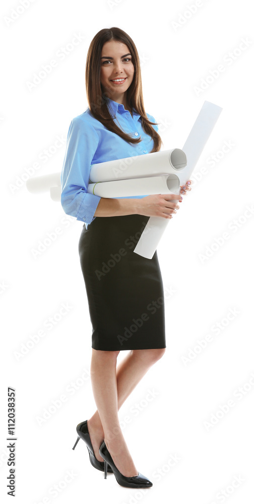 Woman holding engineering blueprints isolated on white Woman holding engineering blueprints isolated on white