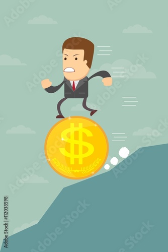 Business man falling on a dollar coin