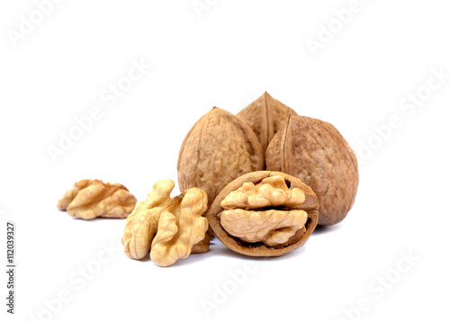 Several walnuts isolated on white background