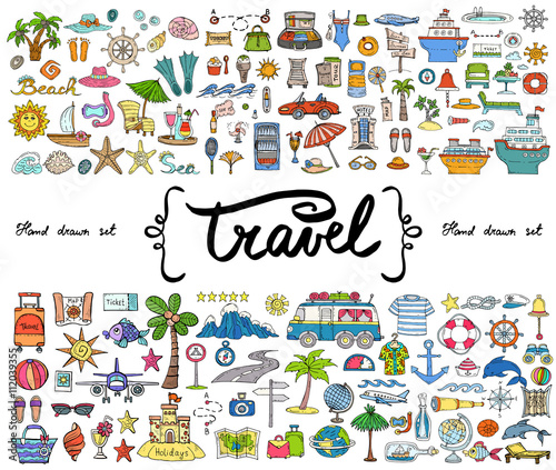 Vector set with hand drawn colored doodles on the theme of travel, tourism. Sketches for use in design