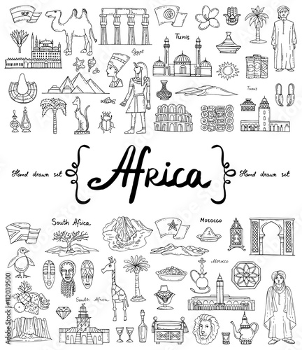 Vector set with hand drawn isolated doodles on the theme of Africa. Symbols of Egypt, Tunis, South Africa, Morocco