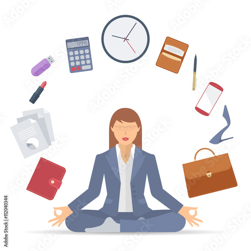 Flat vector business concept illustration of businesswoman meditation. Woman meditates at work in the lotus pose. Professional manager sitting in the meditation surrounded with office supplies