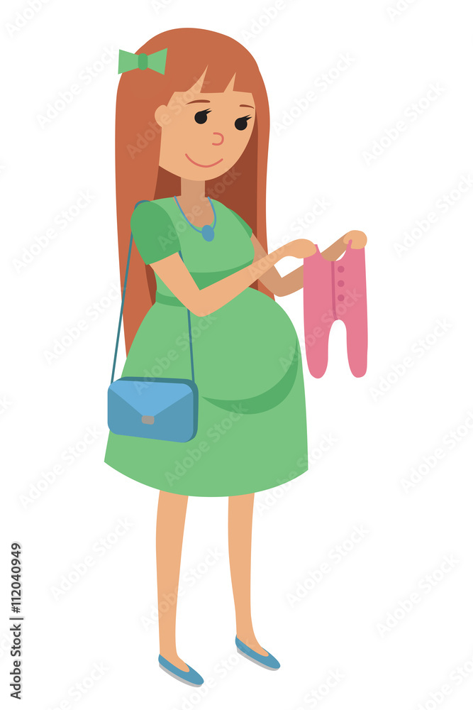 Pregnant young woman chooses clothes for your baby. Flat Vector Illustration of pregnant woman on shopping isolated on white background. Pregnant young woman chooses clothes for your baby. Flat Vector Illustration of pregnant woman on shopping isolated on white background.