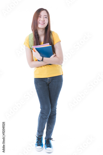 Young asian student girl with book. Isolated on white background