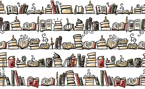 Seamless pattern with books on bookshelves, sketch design