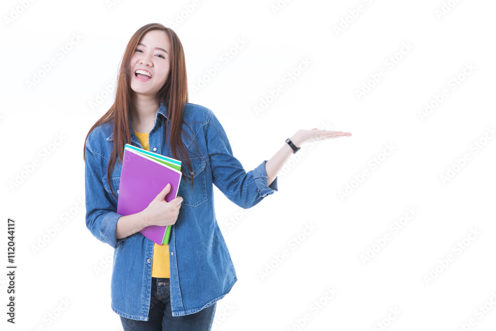 Young asian student girl with book. Isolated on white background Young asian student girl with book. Isolated on white background