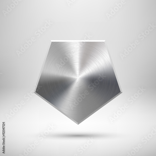 Abstract polygon, hex badge, blank button template with metal texture, chrome, silver, steel and realistic shadow for logo, design concepts, prints, web, interfaces, UI. Vector illustration.