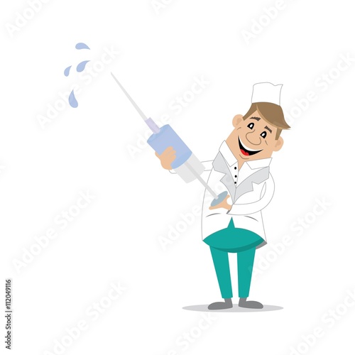 male doctor holding a syringe in his hands prepared to make the vaccine, vector illustration, cartoon