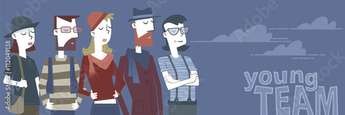 Young Team. Retro style illustration of several young people with hipster look that form a team.