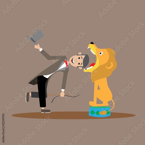 the trainer takes a lion the kill, my head in the lion's mouth. vector illustration, cartoon photo