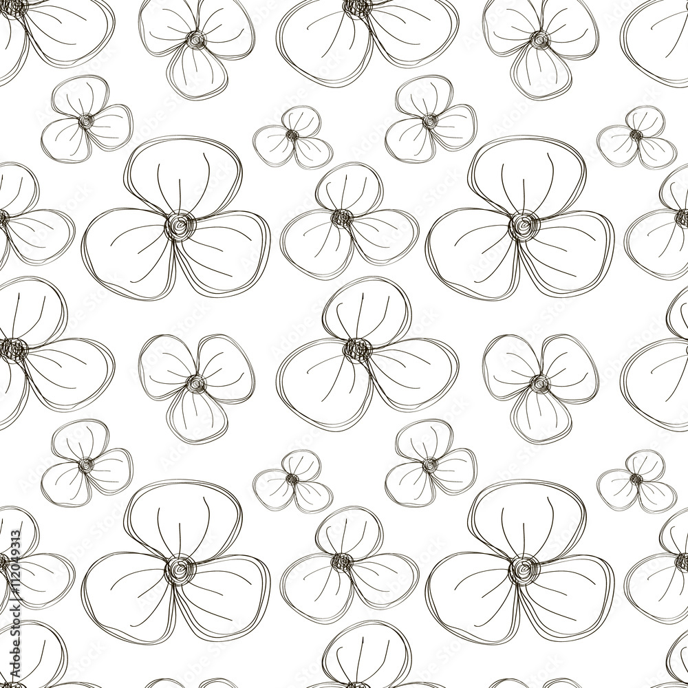 Seamless vector floral pattern. Black and white hand drawn background with flowers. Series of Hand Drawn Seamless Patterns.