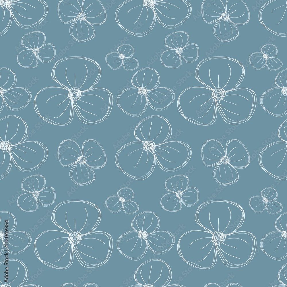 Seamless vector floral pattern. Blue hand drawn background with flowers. Series of Hand Drawn Seamless Patterns.