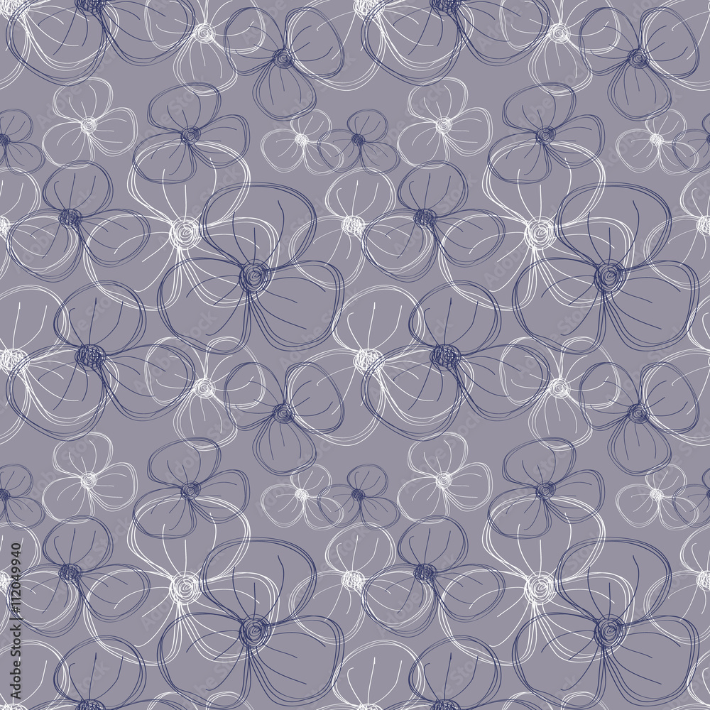 Seamless vector floral pattern. Blue hand drawn background with flowers. Series of Hand Drawn Seamless Patterns.