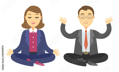 Two businessmen doing meditation. Man and woman doing yoga