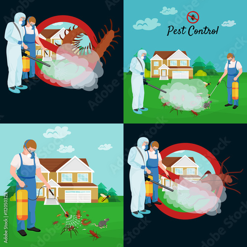 Pest control concept with insects exterminator silhouette flat vector illustration