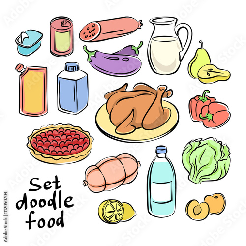 Colorful hand drawn food objects. Freehand doodles food 