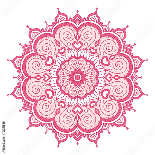 Vector hand drawn doodle mandala with hearts. Ethnic mandala with colorful ornament. Isolated. Light pink colors.