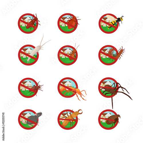 Pest control concept with insects exterminator silhouette flat vector illustration