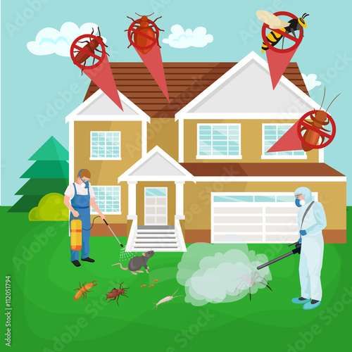 Pest control concept with insects exterminator silhouette flat vector illustration
