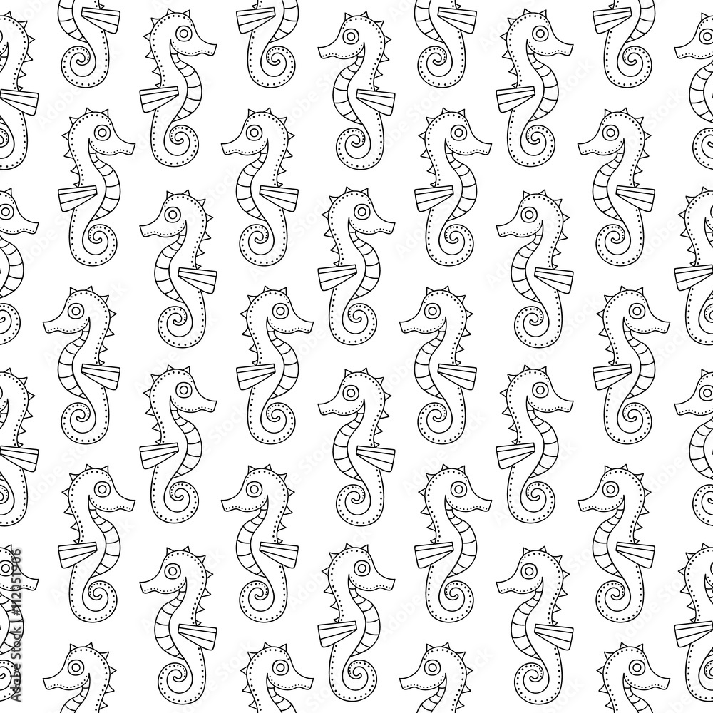 Vector seamless pattern with doodle seahorse. Hand drawn seahorse with doodle ornament. Black and white.