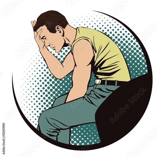 People retro style. Upset man clutching his head.