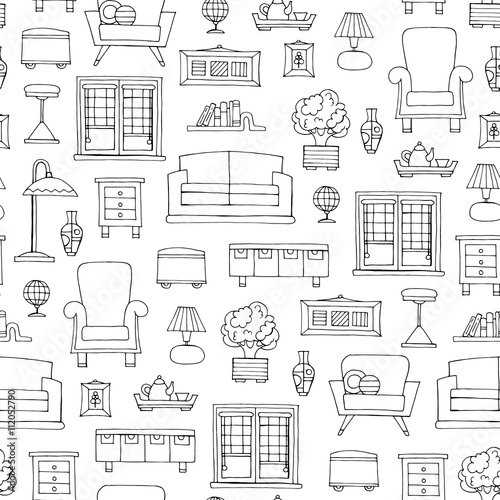 Vector seamless pattern with hand drawn furniture on white color. Pattern on the theme of home decoration, interior