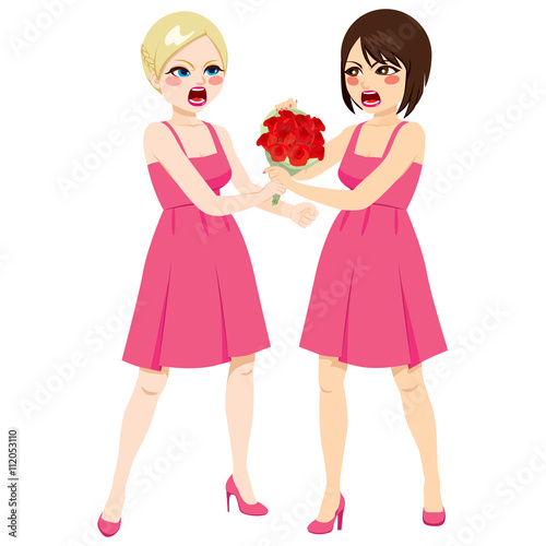 Young bridesmaid women fighting for roses bouquet