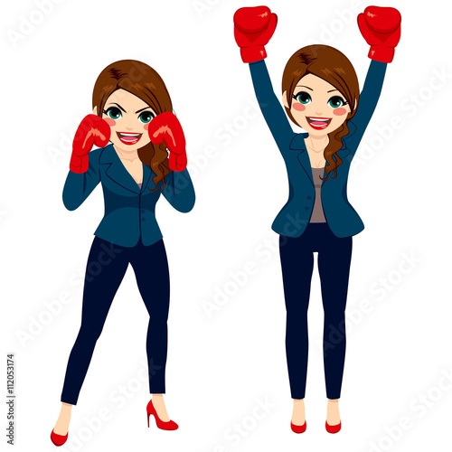Young brunette businesswoman on two different action ready to fight competition concept isolated on white background