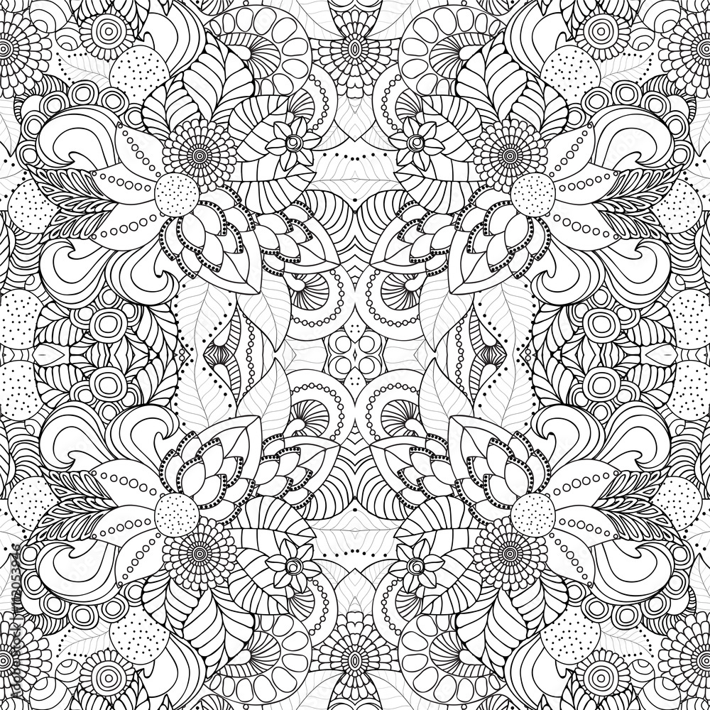 stock vector seamless doodle floral pattern. black and white