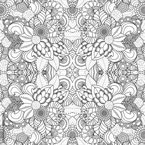 stock vector seamless doodle floral pattern. black and white