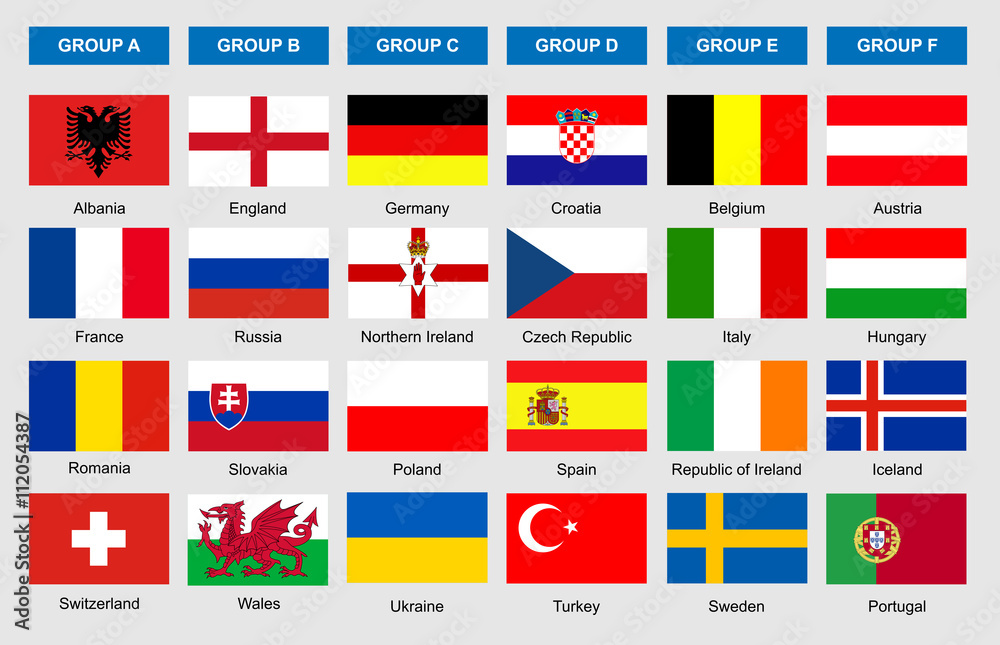 Flags of football teams, icons for soccer game championship.
