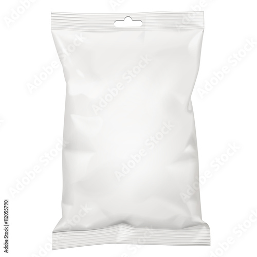 White Blank Foil Food Snack Sachet Bag Packaging For Coffee, Salt, Sugar, Pepper, Spices, Sachet, Sweets, Chips, Cookies. Illustration Isolated. Mock Up Template Ready For Your Design. Vector EPS10