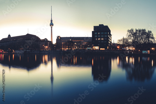 Germany, Berlin, TV Tower, spree river and water reflection in the evening