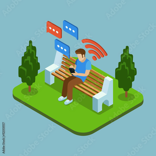 Young man sitting in the park and sending messages with smartphone. Vector 3d isometric illustration
