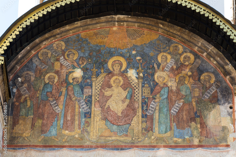 A Fresco on the side facade of the Dormirion Cathedral in Moscow Kremlin, Russia.
