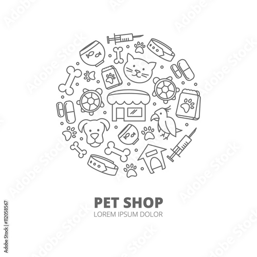 Wallpaper Mural Pet shop vector logo with linear icons of  cats, dogs, goods for animals. Abstract veterinary concept Torontodigital.ca