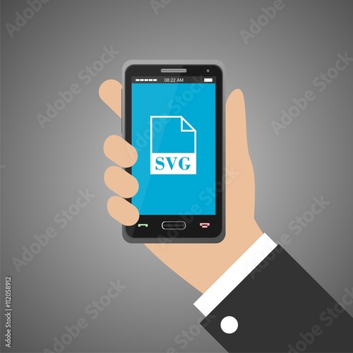 Hand holding smartphone with svg icon