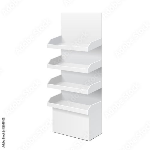 White POS POI Cardboard Blank Empty Displays With Shelves Products. On White Background Isolated. Mock Up Template Ready For Your Design. Product Packing Vector EPS10
