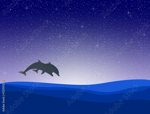 Night landscape with two jumping dolphins above the waves sea level with a dark blue night sky with shiny stars and the clear starry sky over the horizon