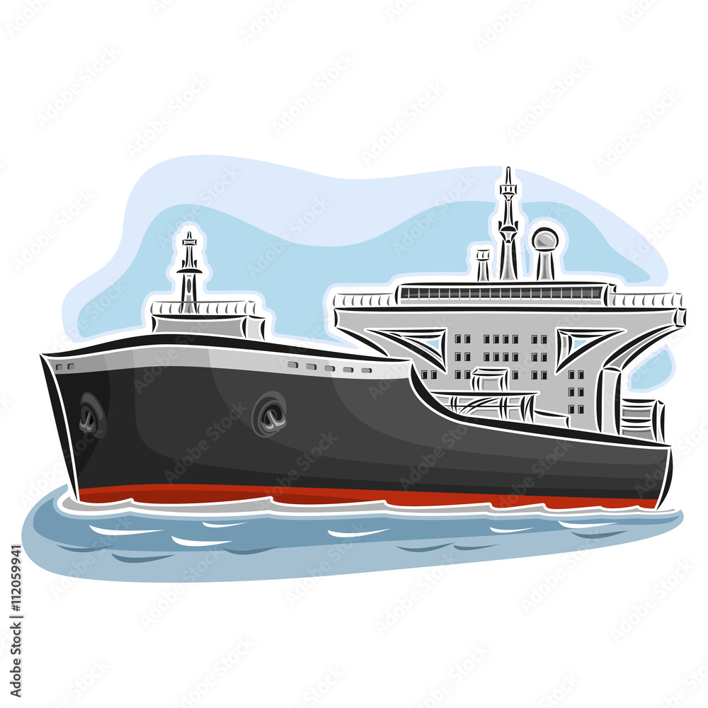 Vector illustration of logo for crude oil tanker ship, consisting of bulk petroleum supertanker, oil vessel with huge nautical petrochemical storage tank close-up on blue background