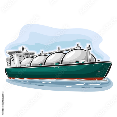 Vector illustration of logo for LNG liquefied natural gas carrier ship, consisting of  cryogenic super tanker, vessel with nautical storage tank for propane methane gas close-up on blue background