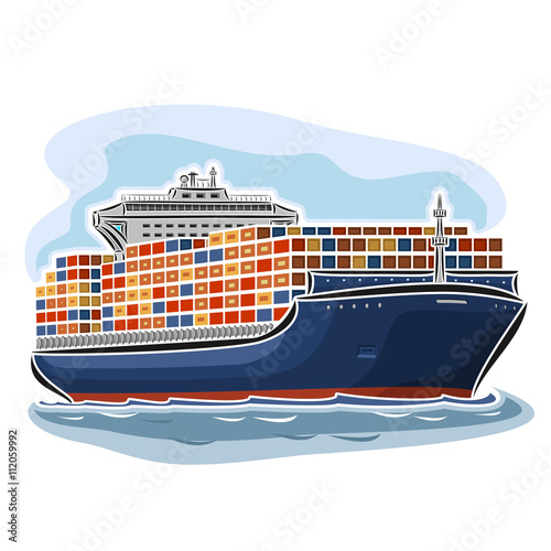 Vector illustration of logo for container ship carrier carry goods, consisting of dry cargo ocean merchant vessel container load, floating on the sea waves close-up on blue background