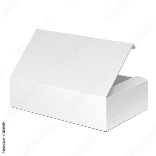 White Open Flying Product Cardboard Package Box With Shadow. Illustration Isolated On White Background. Mock Up Template Ready For Your Design. Vector EPS10