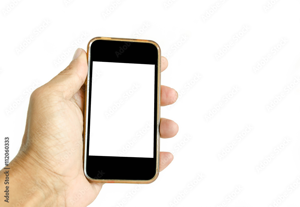 Hand holding smart phone with blank screen on white background. Hand holding smart phone with blank screen on white background.